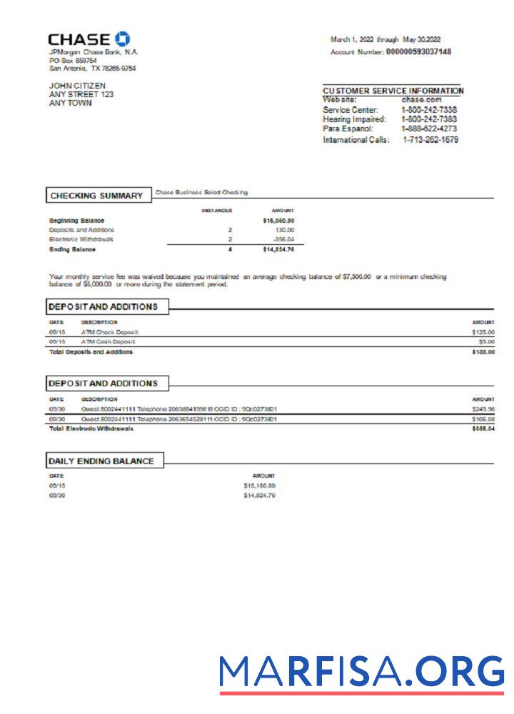 Printable USA Chase bank statement word version 3.1 sample